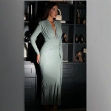 Damer Elegant Maxi Kjole med Dyp V-Hals og Figur-Fasong Silhuett Skjora