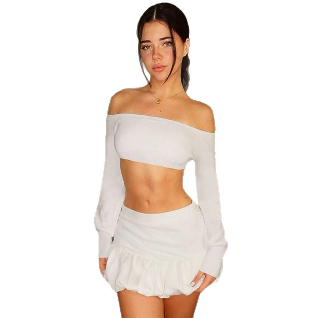 Dame Off-Shoulder Crop-Top og Fald Skjørt Sett Skjora