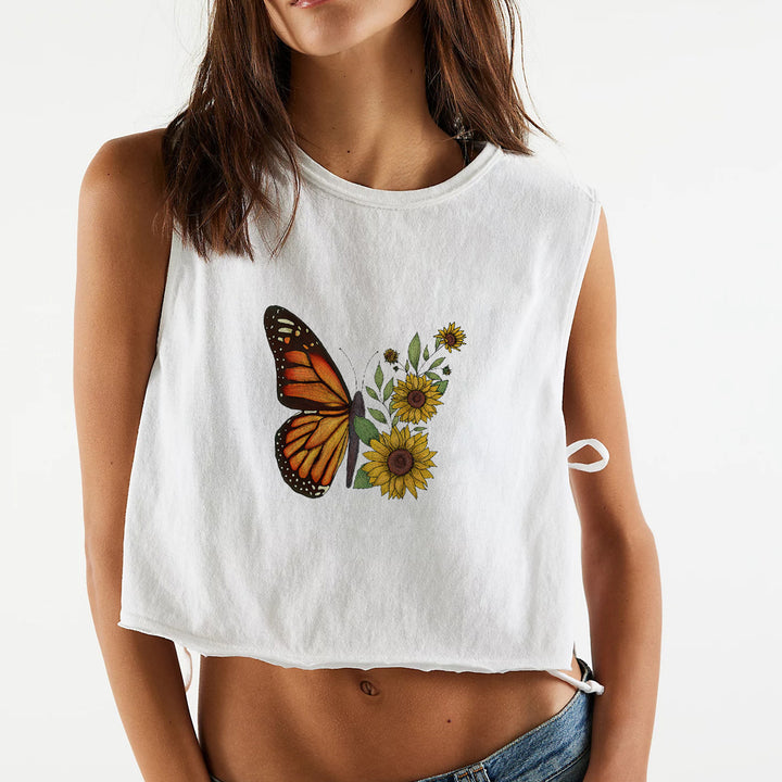 Dame uformell cropped topp med iøynefallende sommerfugltrykk Skjora