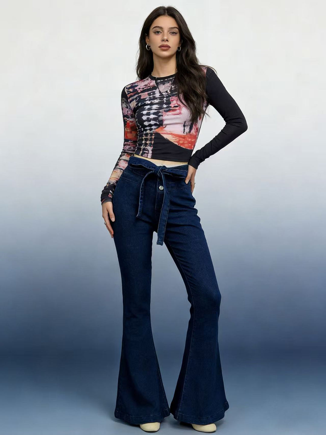 Dame Flared Jeans med belte og høy midje Skjora