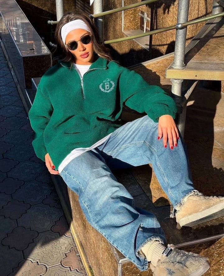 Dame oversized fleece genser med glidelås og brodert logo Skjora