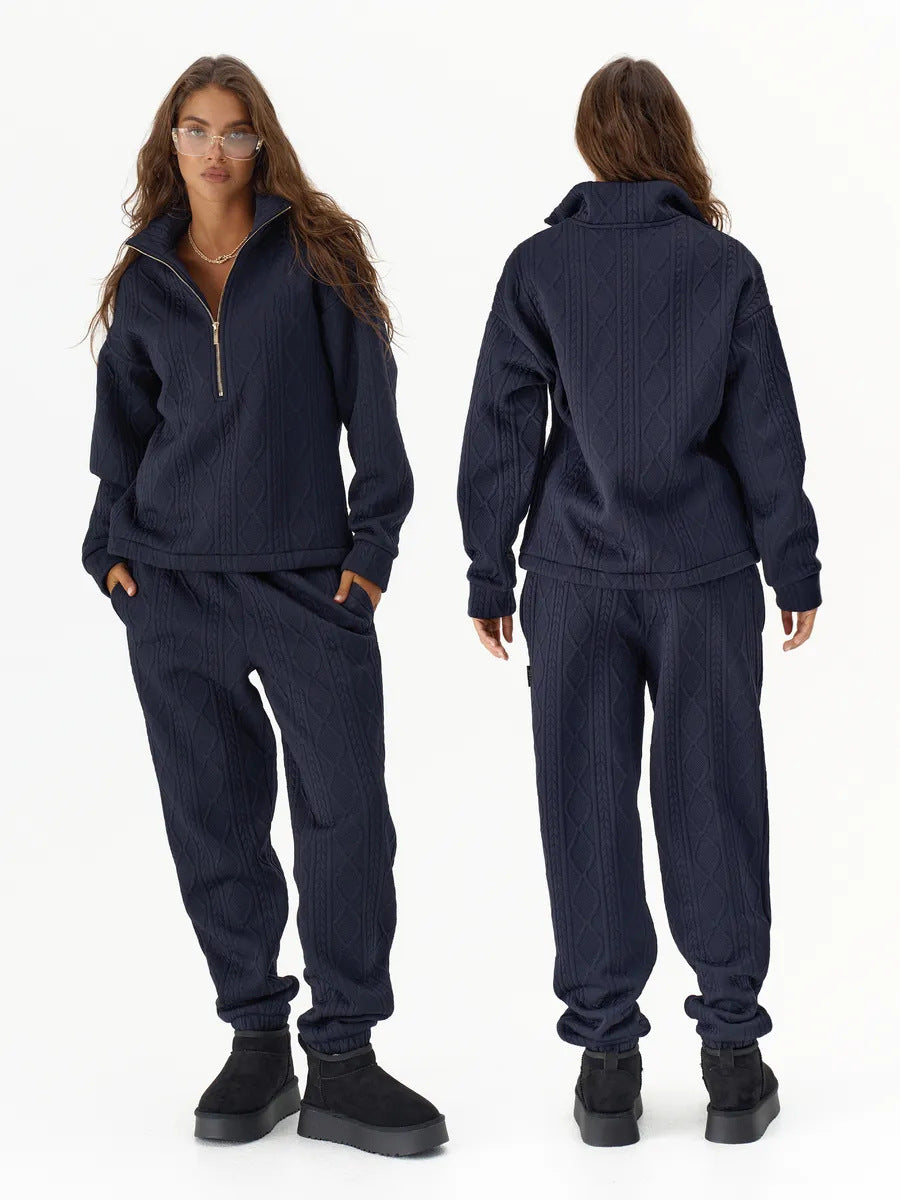 Kvinnens koselige fleece loungewear-sett med glidelås og ribbestruktur Skjora