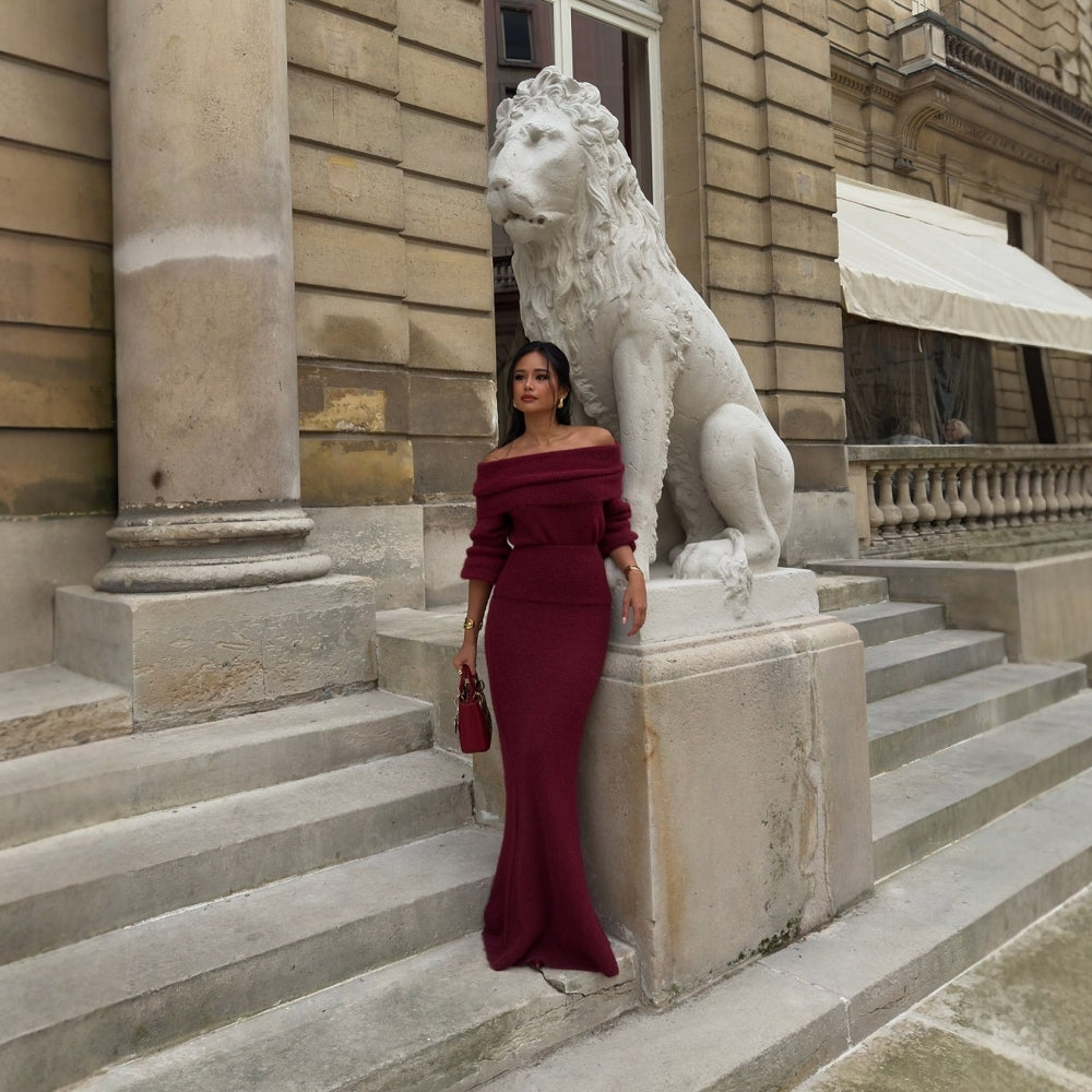 Damer Elegant Strikk Maxi Kjole med Off-Shoulder Design og Lange Ermer Skjora
