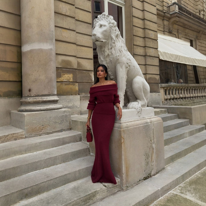 Damer Elegant Strikk Maxi Kjole med Off-Shoulder Design og Lange Ermer Skjora