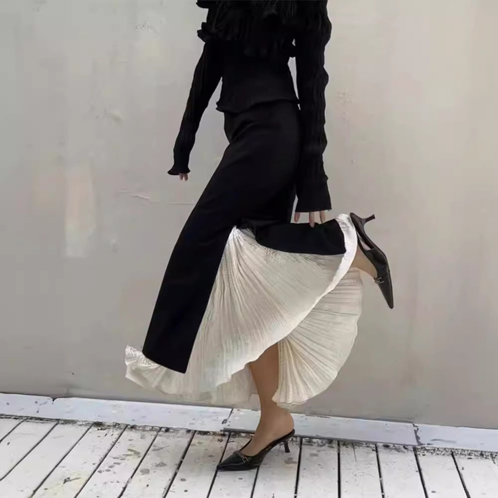 Dame Elegant Maxi-Skjørt med sidekanter og lagdelt utseende Skjora