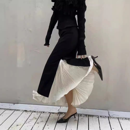 Dame Elegant Maxi-Skjørt med sidekanter og lagdelt utseende Skjora