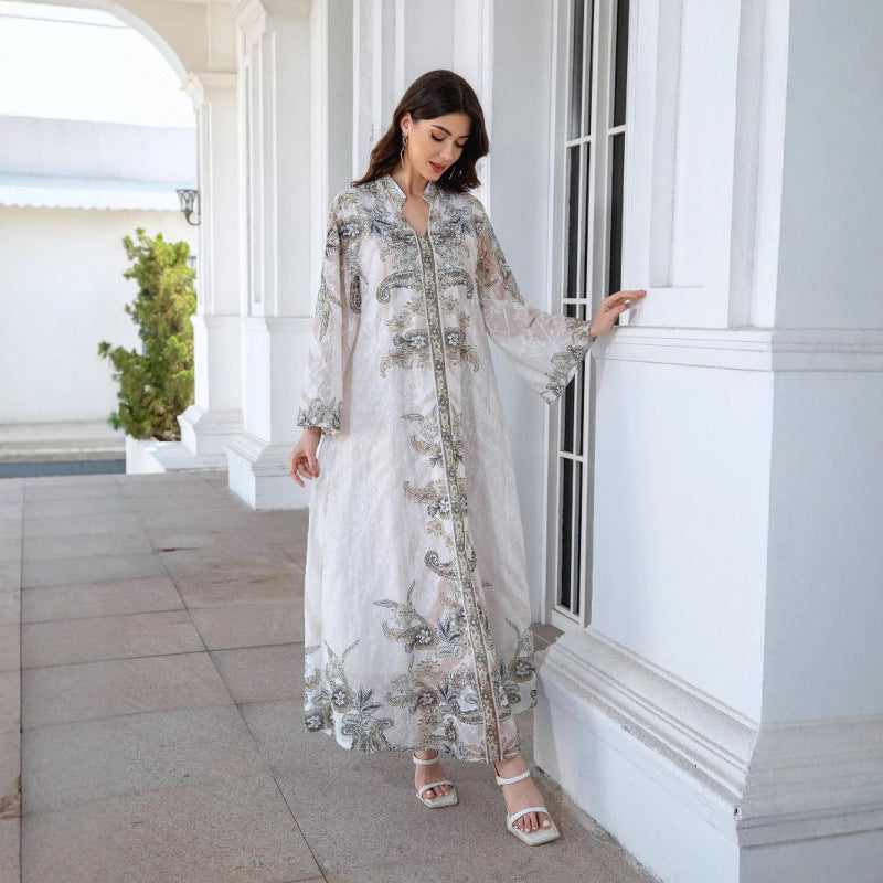 Damer Elegant Kaftan med blomstermønster og gjennomsiktige ermer Skjora
