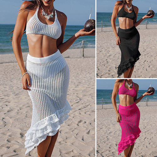 Damen Häkel-Bikiniset mit asymmetrischem Rock und Fransen Skjora