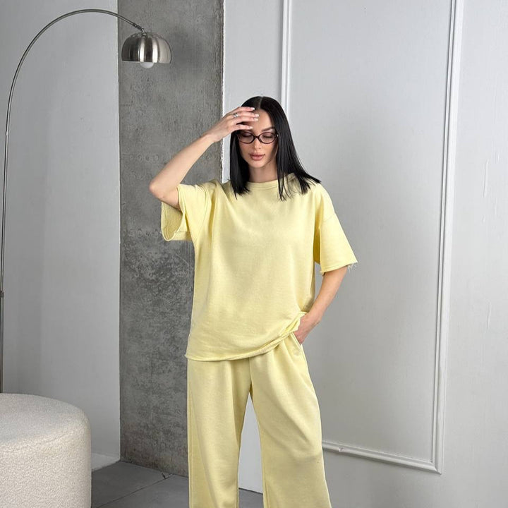 Dame casual relaxed-fit topp og brede bukser sett med praktiske sidelommer