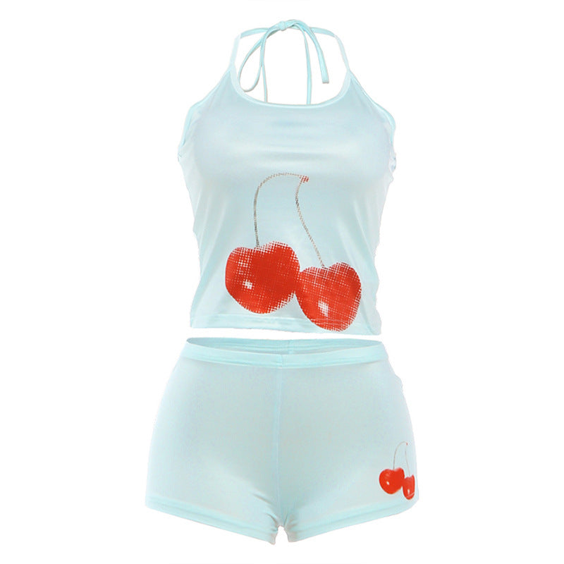 Damer bomulls-crop-top med kirsebærtrykk og shorts Skjora
