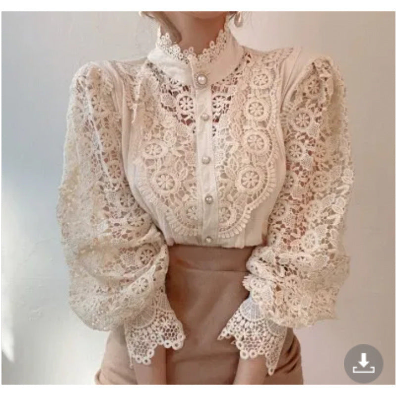 Dame bluse i elegant blonder med høyt krage Skjora