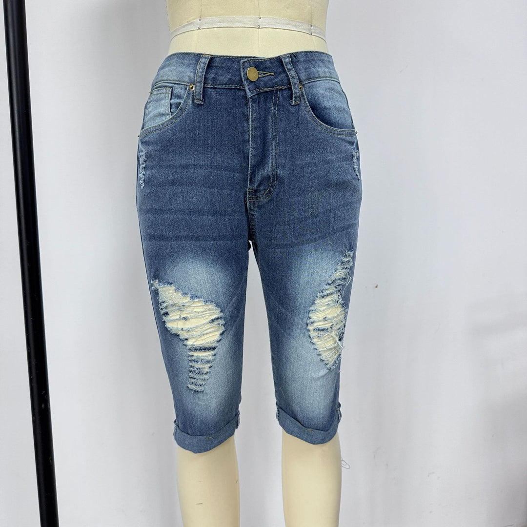 Damer Motemessige Zdestroyed Denim-Shorts med Høy Midje og Rivne Detaljer Skjora