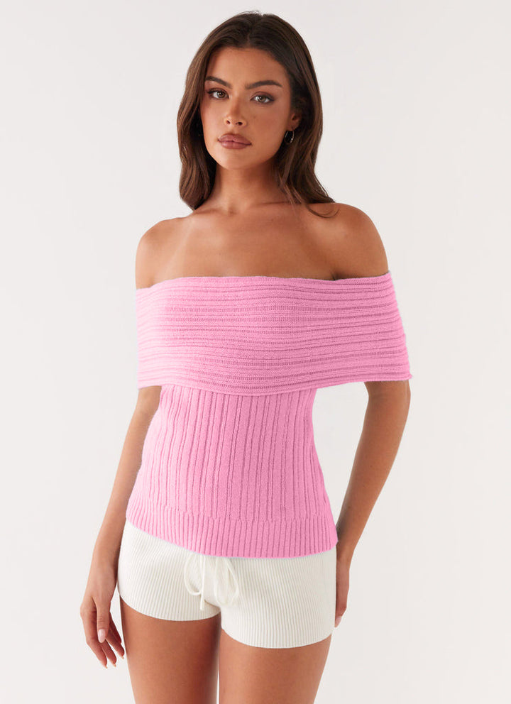 Dame Off-Shoulder Strikketop med Ribbstruktur Skjora