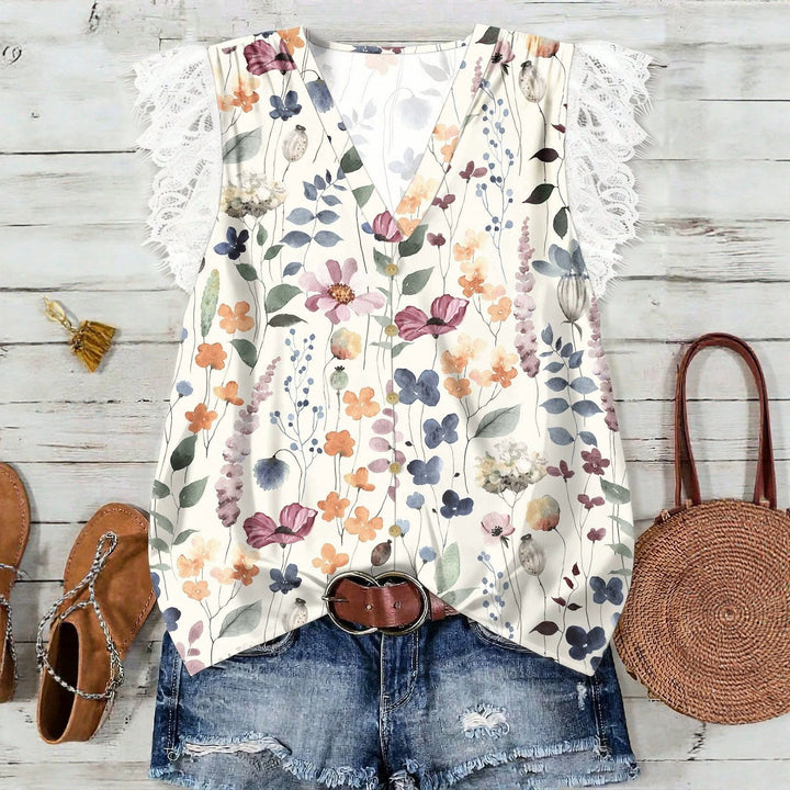 Damer Elegant bluse skjorte med blonder og blomsterdesign Skjora