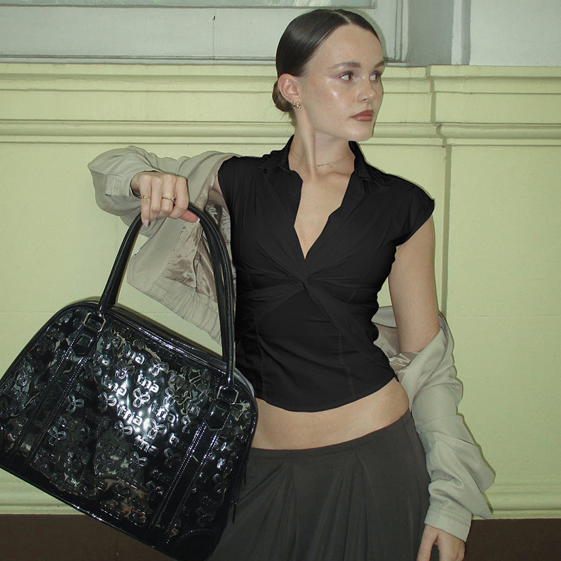 Dame elegant kortermet bluse med knuteformet design Skjora