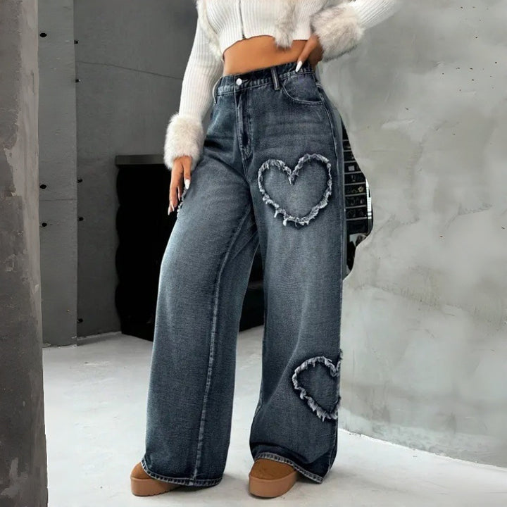 Dame Loose Jeans med hjertebroderi og avslappet snitt Skjora