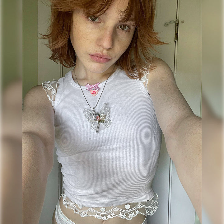 Dame delikat Crop-Top med romantisk blondekant Skjora