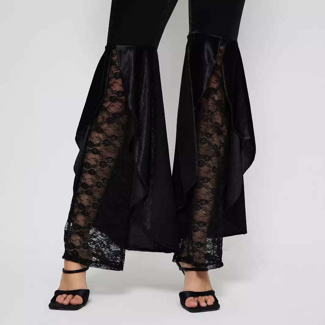 Damer elegante høyt liv palazzo bukser med transparente blondeinnsatser Skjora