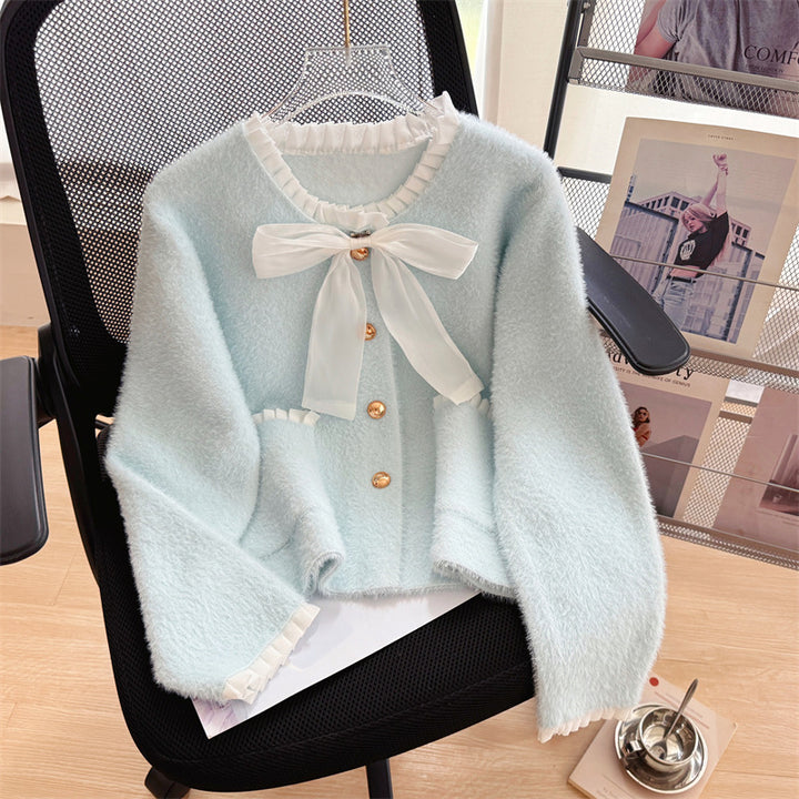 Dame Fluffy Cardigan med Elegant Sløyfe Krage og Dekorative Knapper Skjora