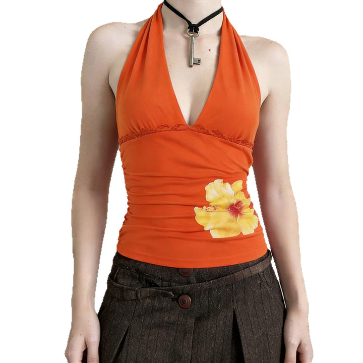 Damer Halter-Tank-Top med blomsterdesign og rynker Skjora