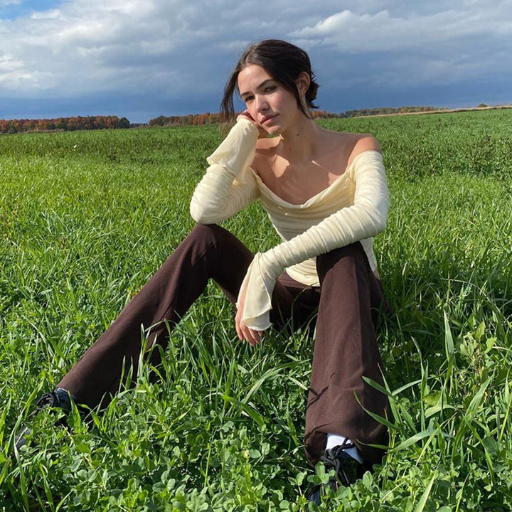 Dame Off-Shoulder Langermet med Volanger Skjora