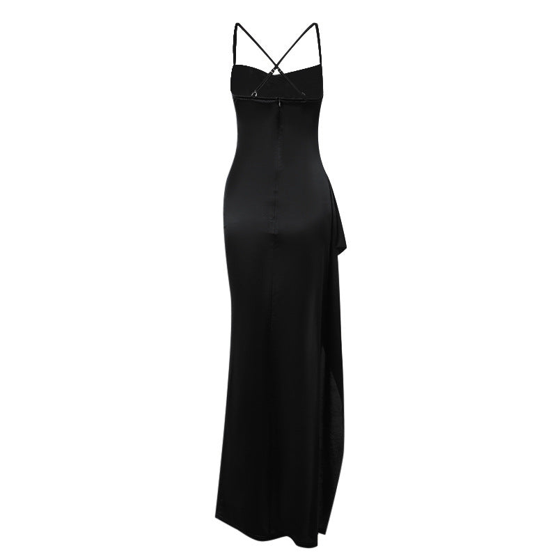 Damer elegante satinkjole med dyp splitt og justerbare spaghetti stropper Skjora