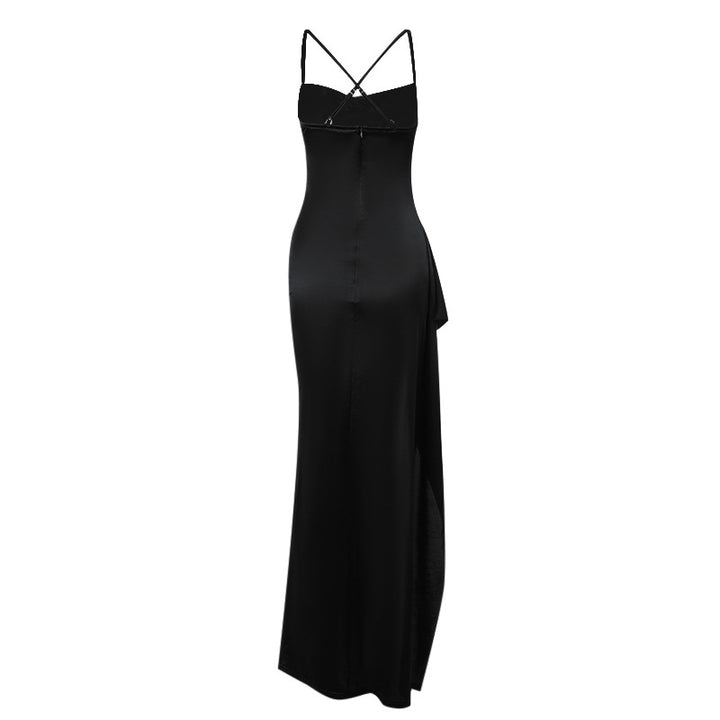 Damer elegante satinkjole med dyp splitt og justerbare spaghetti stropper Skjora
