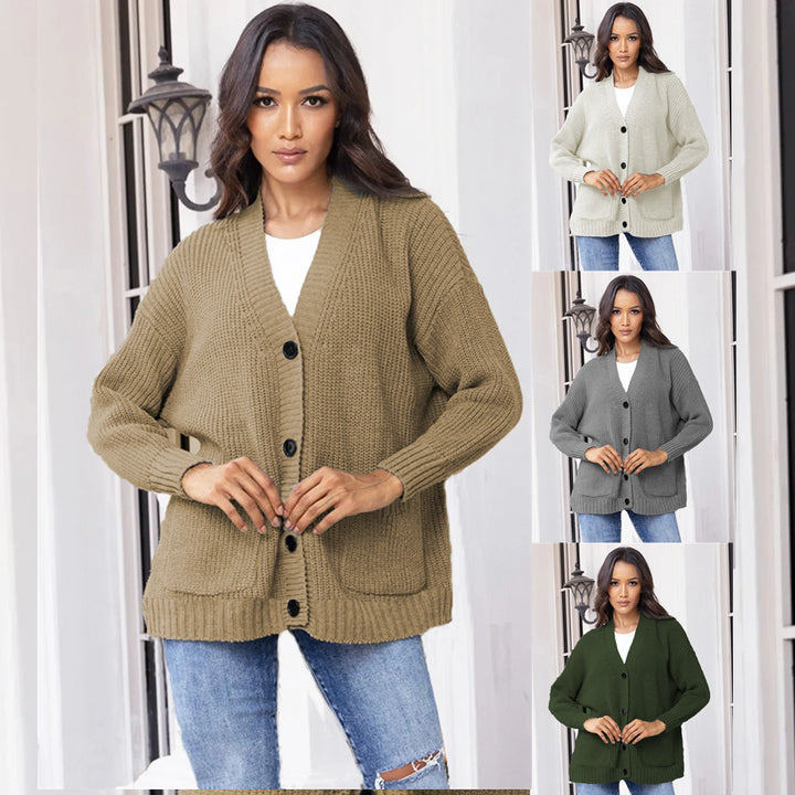 Dame chunky strikk cardigan med store lommer og klassisk V-hals Skjora