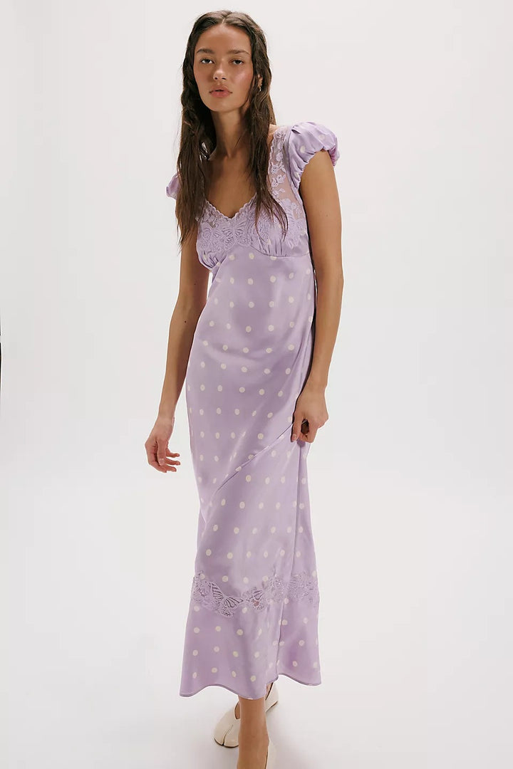 Damen Elegantes Maxikleid mit Polka-Dots und romantischem Rückenausschnitt Skjora