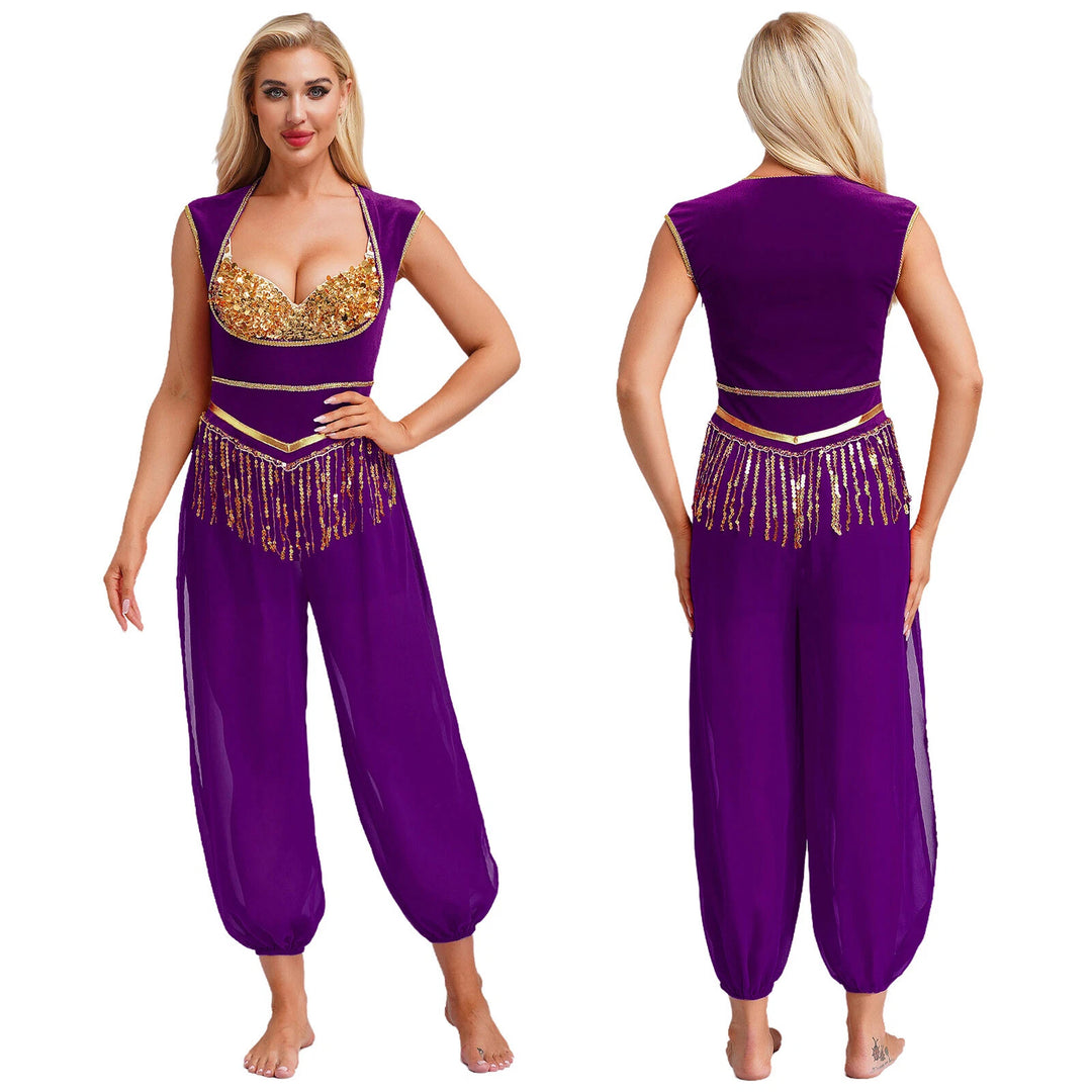 Dame kostyme jumpsuit med glitrende overdel og avslappede bukser Skjora