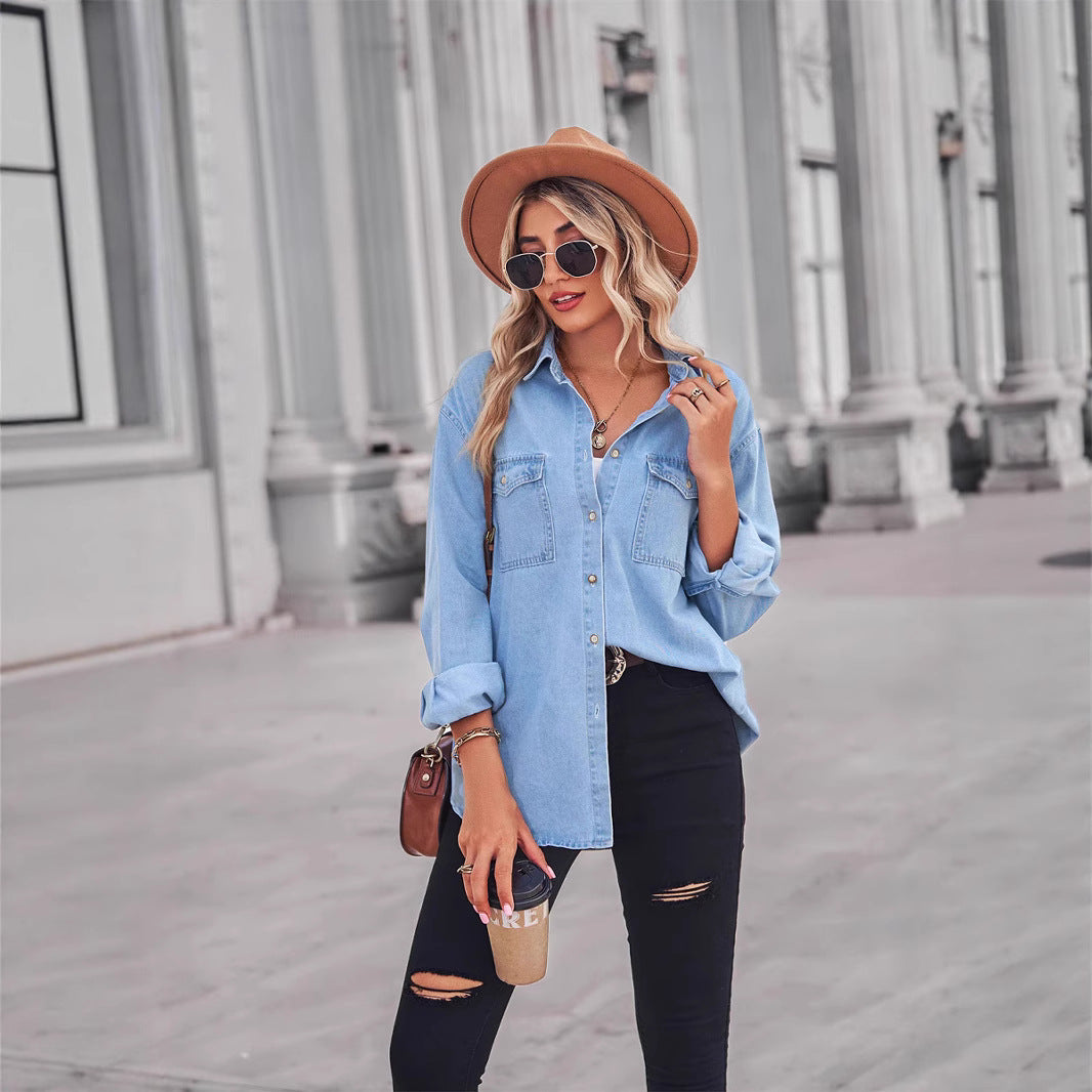 Kvinne Casual Denim Skjorte Bluse med Brystlommer Skjora