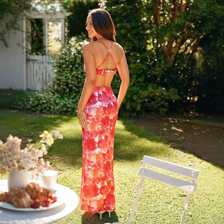 Dame Maxikjole med cut-out og blomstret design Skjora