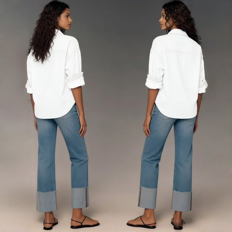 Dame designer jeans i moderne boyfriend-stil med unike detaljbehandlinger Skjora