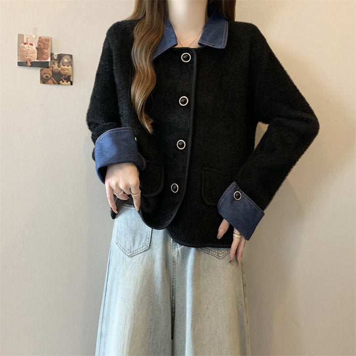 Dame koselig cardigan med kontrasterende denimærmer Skjora