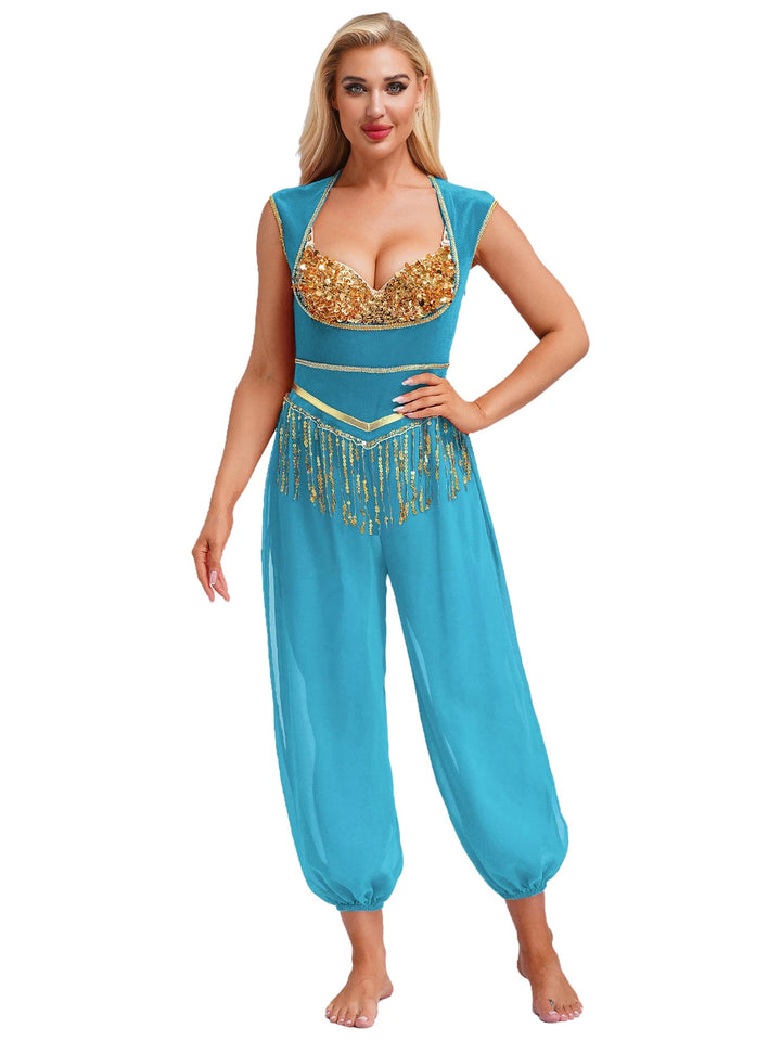 Dame kostyme jumpsuit med glitrende overdel og avslappede bukser Skjora