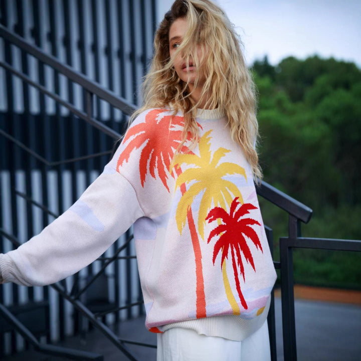 Dame Urban Genser med iøynefallende palm design Skjora