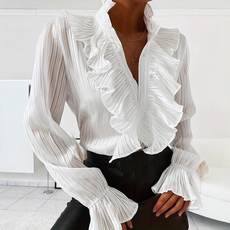 Dame Plissé Bluse med volangdetaljer og elegante volanger Skjora