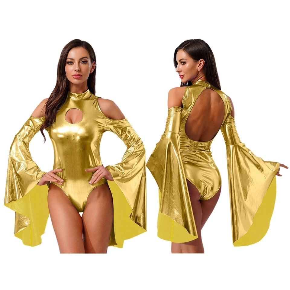 Damen Body mit schulterfreien Ärmeln und glamourösem Glanz Skjora