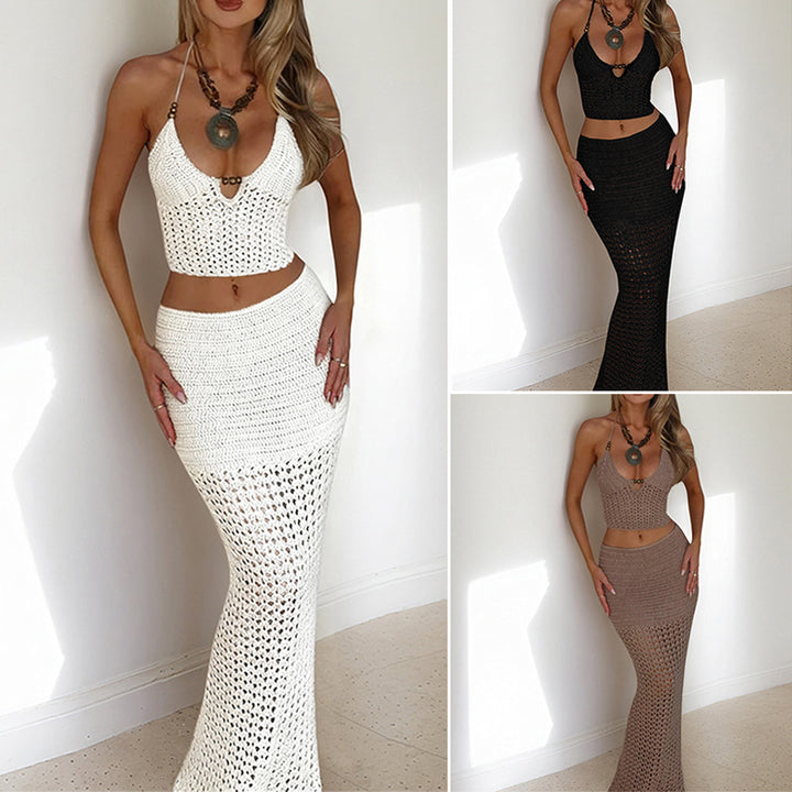 Damen Häkel-Maxikleid mit tiefem V-Ausschnitt und raffiniertem Schnitt Skjora