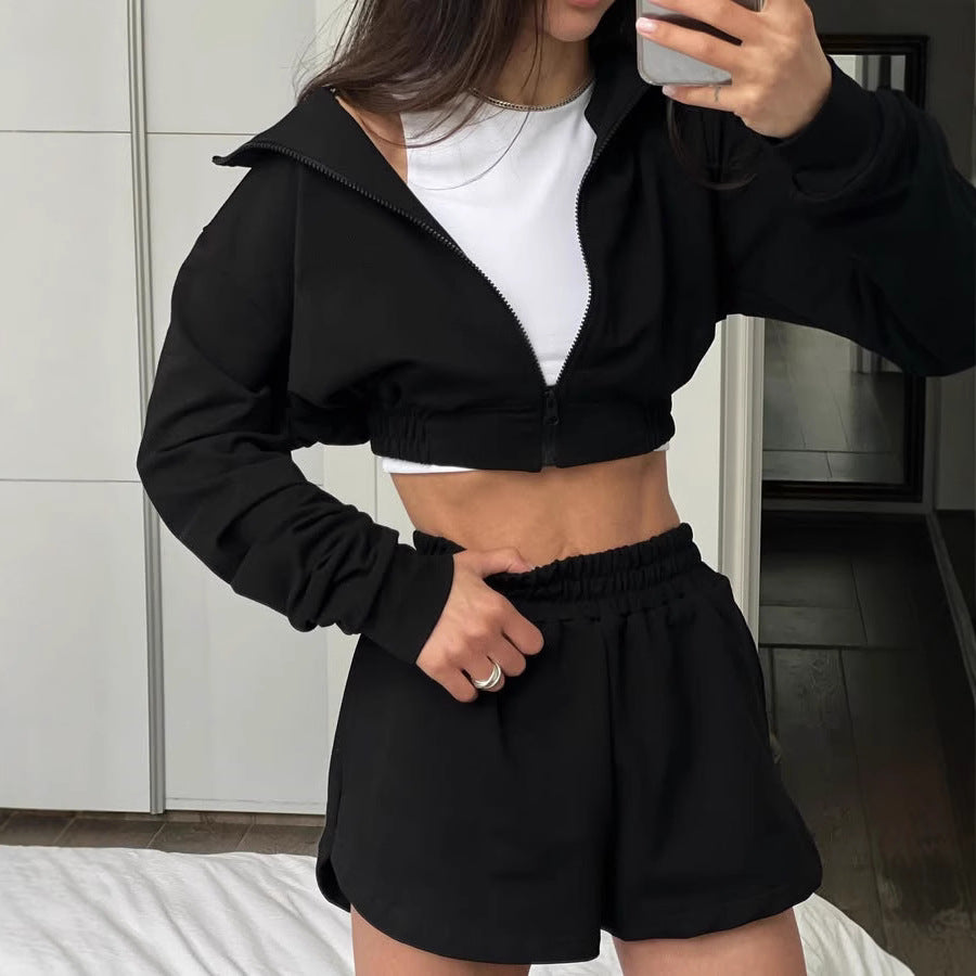 Dames sportieve korte jumpsuit set met rits en elastische tailleband Skjora