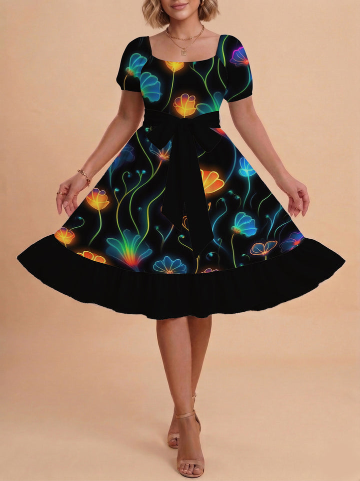 Damen Sommerkleid mit floralem Puffärmel und taillierbarem Gürtel Skjora