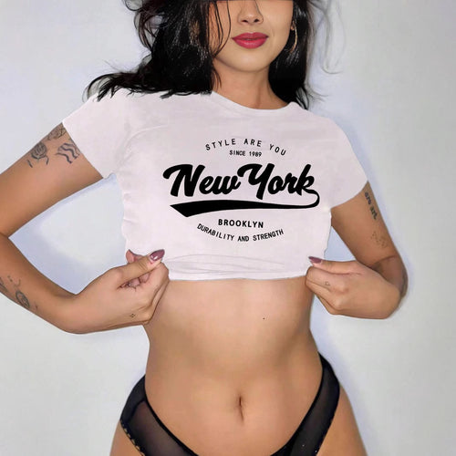 Dame Crop-T-skjorte med kreativ New York trykk Skjora