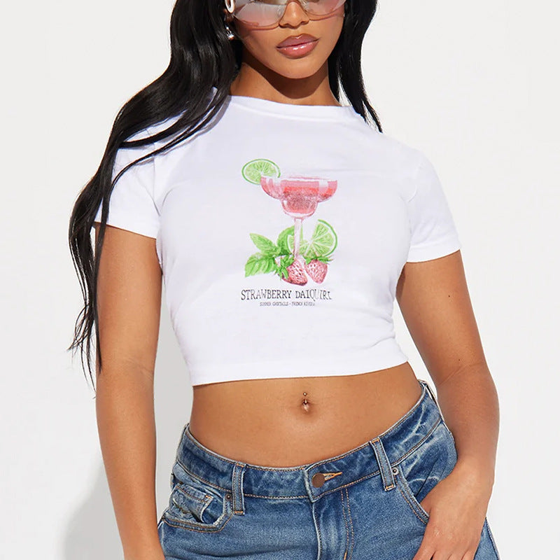 Dame avslappet cropped T-skjorte med fruktmotiv Skjora