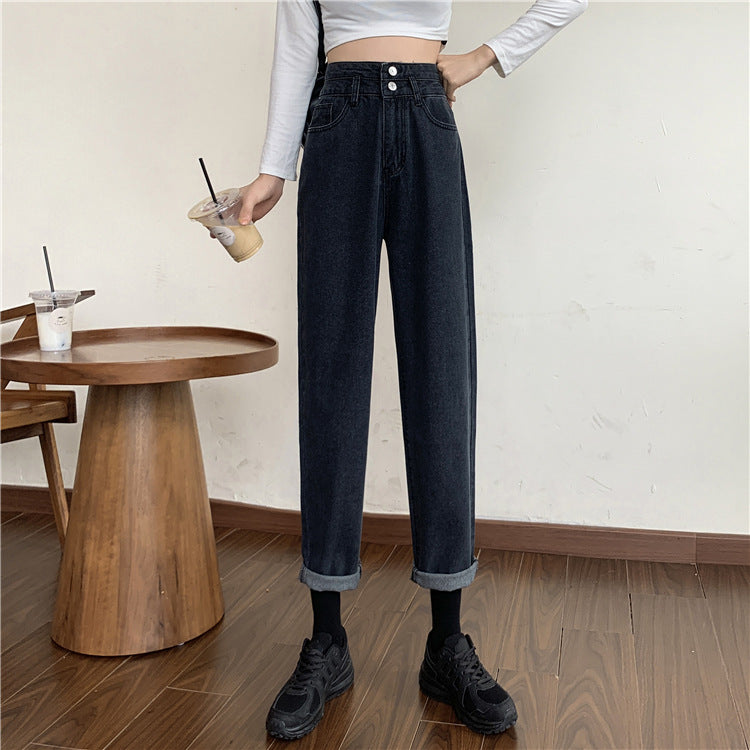 Kvinne Høy Midje Mom Jeans med Avtagbare Buner Skjora