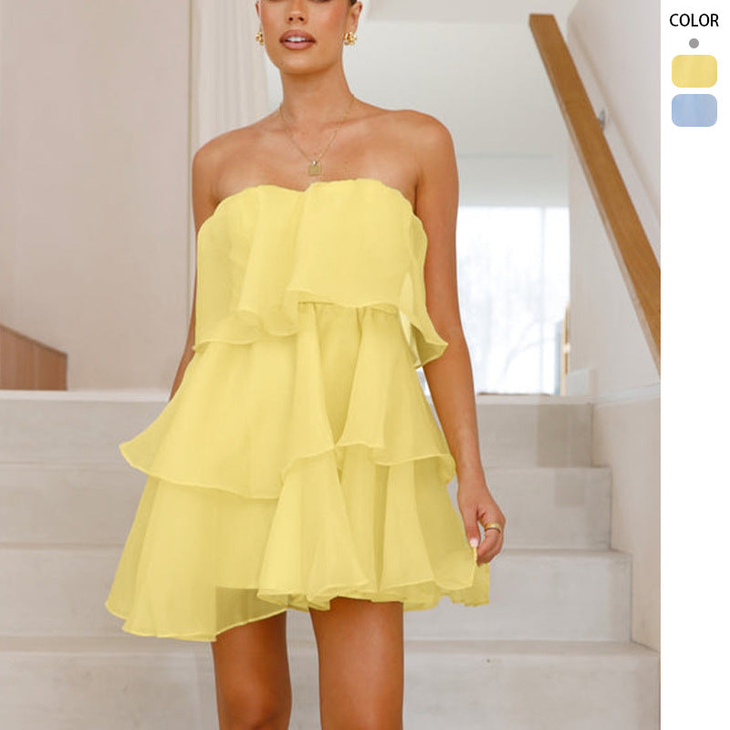 Kvindernes legesyge chiffon kjole med svingende flæse og off-shoulder design