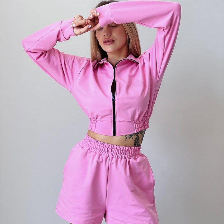 Dames sportieve korte jumpsuit set met rits en elastische tailleband Skjora