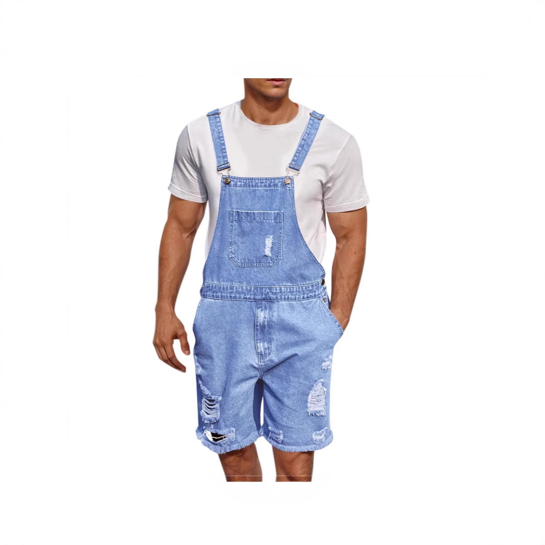 Herre denim-latzshorts i avslappet design med påsydd lommer Skjora
