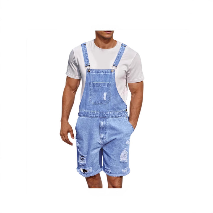 Herre denim-latzshorts i avslappet design med påsydd lommer Skjora