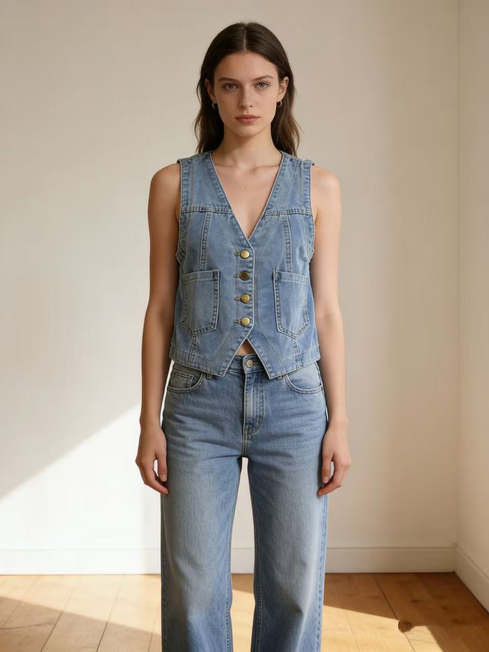 Damer casual denim vest med knappdetaljer og påsydde lommer Skjora