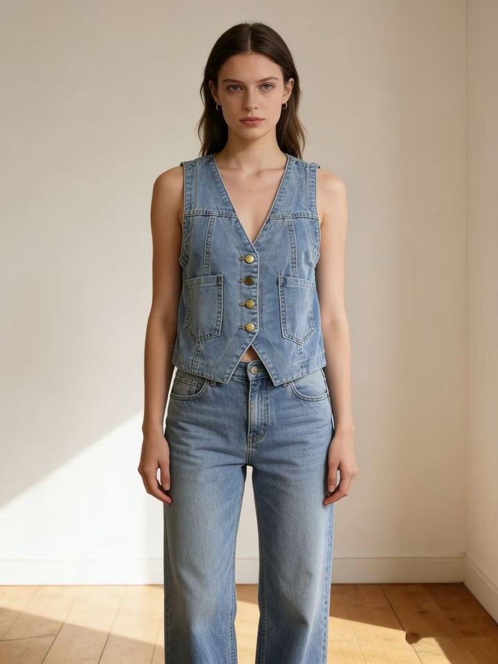 Damer casual denim vest med knappdetaljer og påsydde lommer Skjora